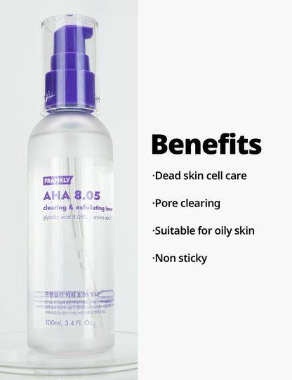 Frankly AHA 8.05 Clearing & Exfoliating Toner - Glycolic Acid Toner - Brightening, Hydrating, Fades Hyperpigmentation, Whitehead Remover
